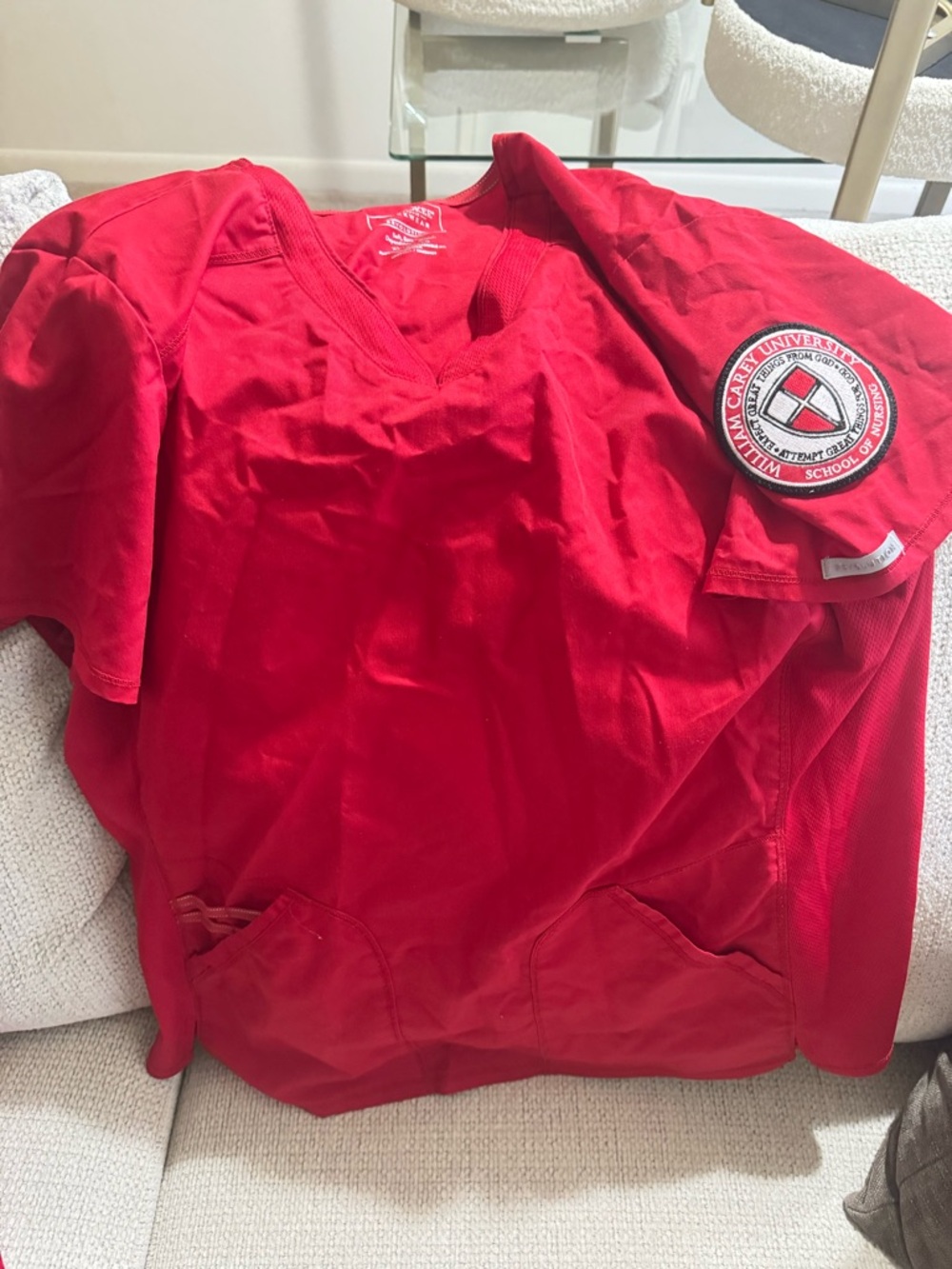 William Carey University Red Medical Scrub Top with Embroidered Patch